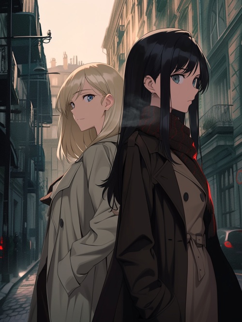 一个扎着低马尾的黑发红瞳少女，身穿黑色风衣，站在现代化的大街上，身后站着一个金发少女