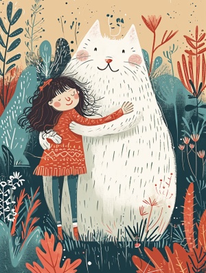 Doodle Illustration: Girl and Giant White Kitty