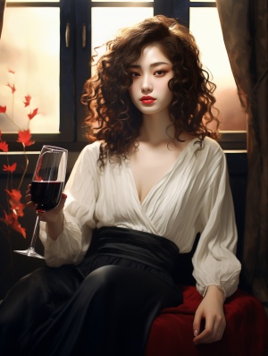 给我画个中国卷发美女，漂亮温柔大方皮肤白皙，坐在客厅一个人独自伤心的喝着红酒，边喝边流泪