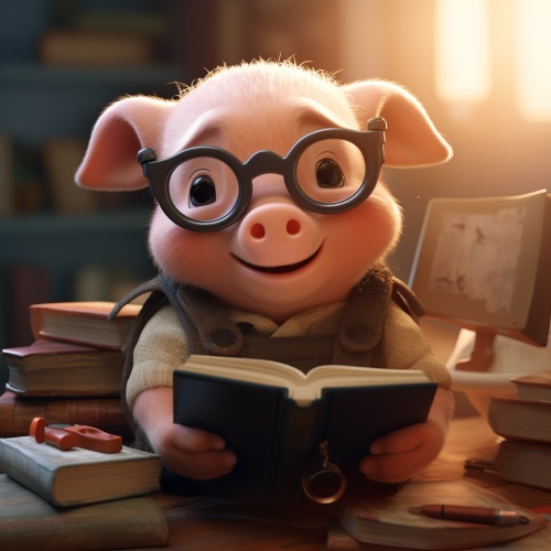 画一个正在拍照的小猪，小猪戴眼镜，旁边放了一本书和糙米