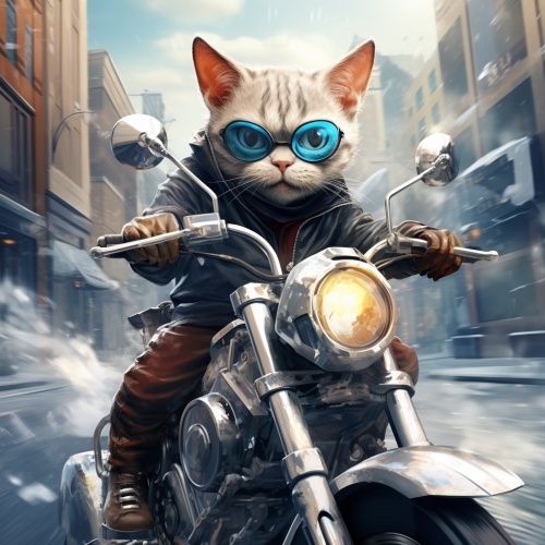 一只银色小缅茵猫在城市中骑摩托车，上面是积雪覆盖的道路，采用超现实主义的动物肖像，warmcore，wimmelbilder，petcore，夸张的表情，mons ù desiderio，灰色和蓝色的风格，背景天空要有龙的元素