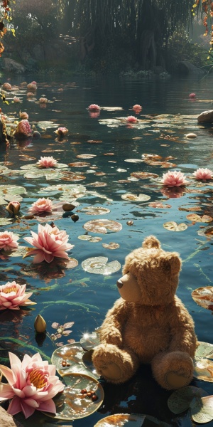 清澈的小河边，粉色的睡莲盛开，深浅不一的水草摇曳，一只毛绒绒的玩具熊坐在那里