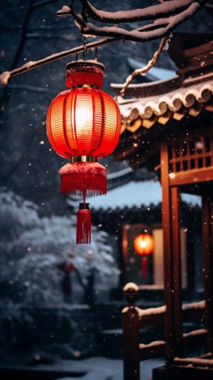 冬夜真实摄影：高挂红灯笼的风雪屋檐