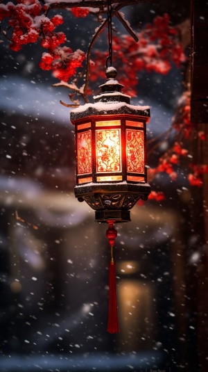 冬夜，风雪的屋檐下高挂一盏红灯笼，真实摄影，真实细节