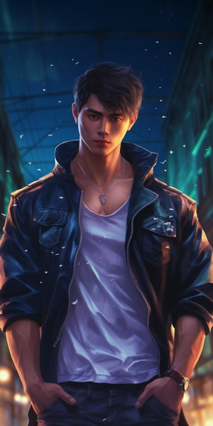 1boy, Chinese Male focus, jacket, chest muscles, solo, shirt, open jacket, open clothes, short hair, outdoor, look at the audience, pants, closed mouth, muscular, off shoulder, urban, muscular male, all of which have high definition picture quality. Super wide Angle and various details, sparkling, crystal clear.