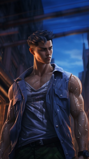 1boy, Chinese Male focus, jacket, chest muscles, solo, shirt, open jacket, open clothes, short hair, outdoor, look at the audience, pants, closed mouth, muscular, off shoulder, urban, muscular male, all of which have high definition picture quality. Super wide Angle and various details, sparkling, crystal clear.