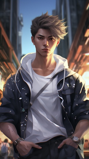 1boy, Chinese Male focus, jacket, chest muscles, solo, shirt, open jacket, open clothes, short hair, outdoor, look at the audience, pants, closed mouth, muscular, off shoulder, urban, muscular male, all of which have high definition picture quality. Super wide Angle and various details, sparkling, crystal clear.
