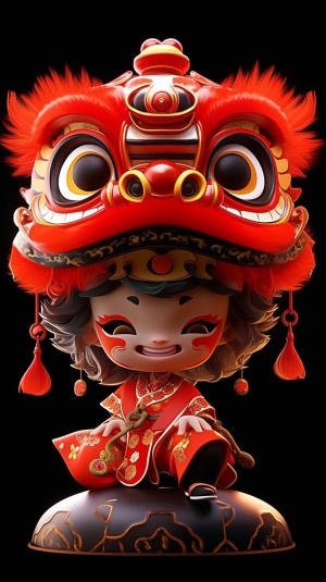 happy ip design IP pop mart style POP MART blind box toy super cute girl wearing a Chinese traditional dancing lion as a hat red standing pose studio lighting in the style of vray tracing Vay Track beautiful lighting black background 3d rendering 4k super detail front view