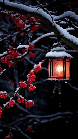 画面中，夜幕降临，天空中飘着纷纷扬扬的雪花，大地被白雪覆盖，一片寂静。在这寒冷的冬夜里，一盏红灯笼高高挂在树枝上，发出温暖的光芒，照亮了周围的雪地。灯笼的红色与雪地的白色形成鲜明的对比，给人以强烈的视觉冲击。在灯笼的下方，几枝梅花不畏严寒，傲然挺立，粉色的花瓣在红灯笼的映照下显得更加娇艳欲滴。整个画面给人一种温馨、宁静的感觉，让人感受到冬夜中的温暖和希望。