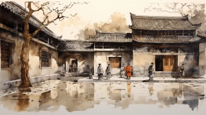 中国和尚在院子里围着一座大型砖砌建筑，以精神沉思，金色和黑色，传统服装，舞台般的环境 水墨风