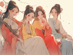 群汉服女孩聚会谈笑风生，灵感来自邱英与兰英的古代中国艺术风格