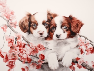 中国风格的红白小狗水墨画特写