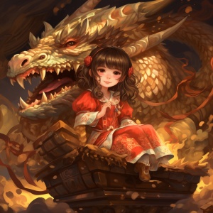 中国女孩坐在硬币附近的龙上，以kawacy，红色，party kei，巨大的规模，tim shumate，儿童书籍插图，oshare kei的风格