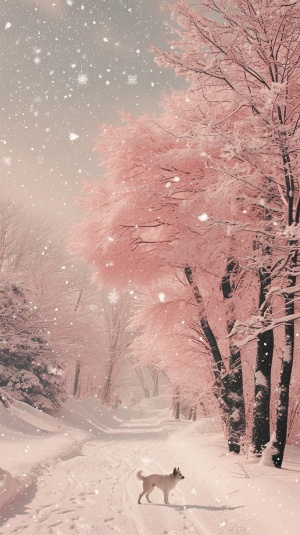 粉色爱心树上的雪花与小白狗