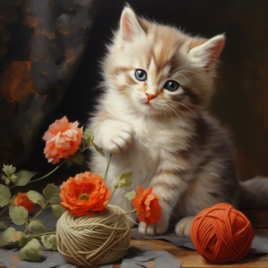 小猫咪玩毛线球的油画棒作品
