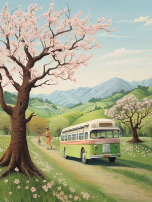 初春公交车，柳树初绿，桃花正开