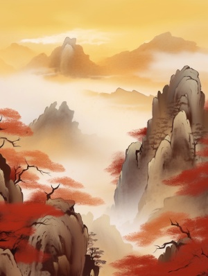 中国山水画中的浅金色树林和红灰山体