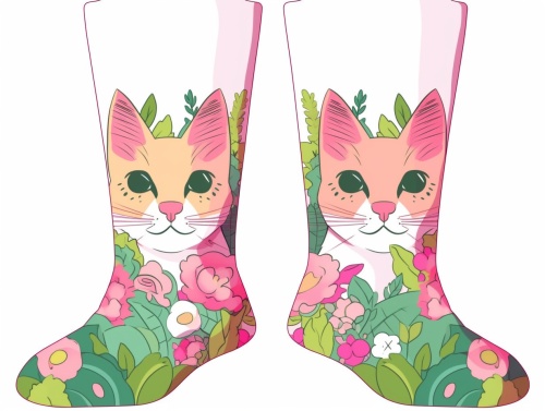 cute cat socks with greens and pinks, in the style of tomokazu matsuyama, white background, strong facial expression, pastoral charm, hannah flowers, light white and dark pink, peter blume