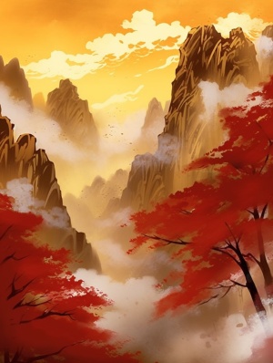 浅金色树林与红色山体的清透写意山水