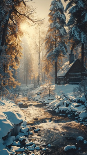冬季仙境：金色的光芒照亮被白雪覆盖的森林