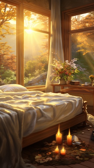 瑜伽床，spa床，壁炉，窗边上有床，暖光白，画对没有太多阴影，明亮色调，窗外是森林，简约，温暖，治愈，暖暖的，治愈温馨的，情感的，柔软的，大自然的，广角镜头 -sdxl -幻想艺术