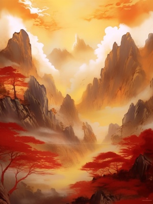 浅金色树林与红色山体的清透写意山水