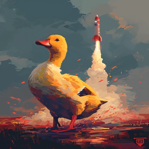 名叫GGD的鸭子，坐着火箭起飞的场景，高清像素风