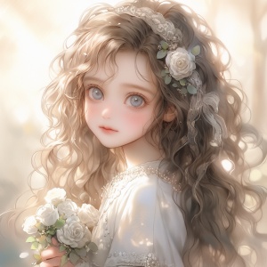 A cute and beautiful little girl with fair skin, big black eyes, and long curly hair. Her eyes look straight ahead, wearing a beautiful and pure white wedding dress, wearing a white headscarf, holding a rose in her hand, shining around her, sweet. Beautiful and romantic. Happiness is hazy, dreamy, and cinematic.