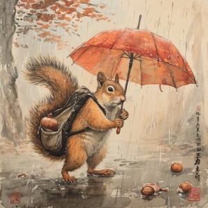 在雨中，一只背着书包，手拿坚果，雨伞 360度旋转跳舞的花斑松鼠，国画风格