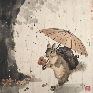 在雨中，一只背着书包，手拿坚果，雨伞 360度旋转跳舞的花斑松鼠，国画风格