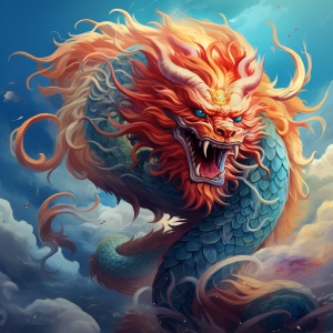 生成一个龙年吉祥物，青云围绕，龙的眼睛是金色的，中国龙，龙英俊且宏伟，云雾缭绕，龙 的色彩以红色橙色、绿色为主，威严并且可爱