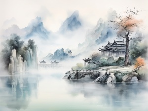 水墨画，浅色系，中国风，山山， 水水，古式楼亭