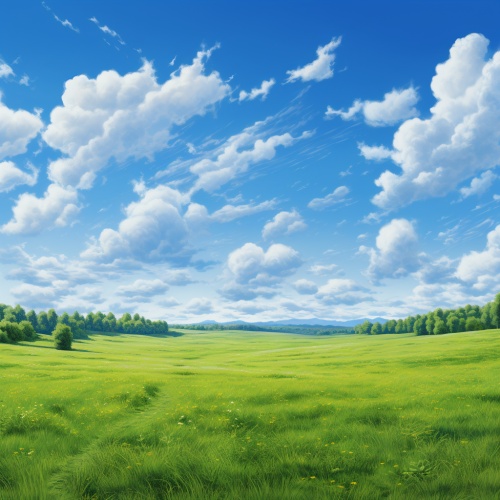 美丽动人的春天，田野上一片青绿，蓝天白云，