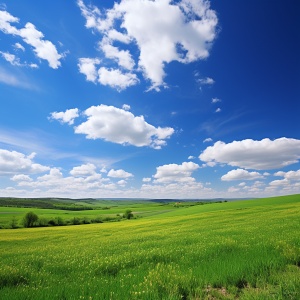 美丽动人的春天，田野上一片青绿，蓝天白云，