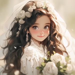 A cute and beautiful little girl with fair skin, big black eyes, and long curly hair. Her eyes look straight ahead, wearing a beautiful and pure white wedding dress, wearing a white headscarf, holding a rose in her hand, shining around her, sweet. Beautiful and romantic. Happiness is hazy, dreamy, and cinematic.