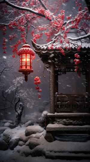 冬夜梅花树上的红灯笼