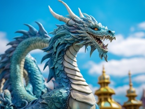 一个龙雕象的特写镜头在一个大厦有天空背景，中国丝绸3d龙，青色中国龙幻想，现实栩栩如生的龙，巨型kaiju龙怪物，光滑的中国龙，蓝色龙，中国龙，蓝色标度的龙，巨大的龙在背景中，雄伟的日本龙，海Mu Yan ling，水龙女王
