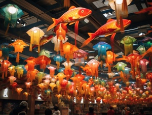 天花板上的鱼形风筝与浮动的中国灯笼
