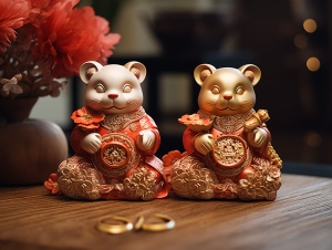 一张桌子上有两个小动物雕像，灵感来自蒲华，泥人，水磨花，中国新年在上海，传统的中国，红色和金色的颜色细节，闪耀的金色和黑色和红色，中国风格，灵感来自吴斌，十八木，灵感来自卢光，DIY，灵感来自倪端