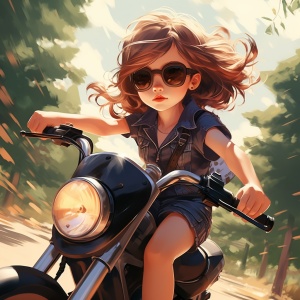 可爱女孩骑摩托车在林荫大道上的酷炫画面