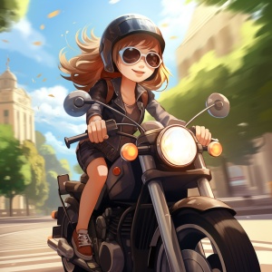 可爱女孩骑摩托车在林荫大道上的酷炫画面