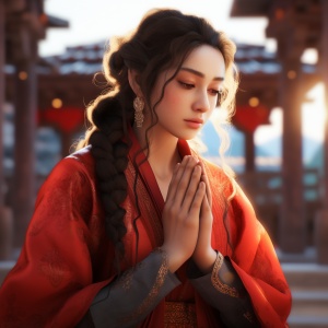 an female chinese character praying outdoors, in the style of unreal engine 5, romantic illustrations, i can't believe how beautiful this is, hyper-realistic, cute and dreamy, light red and dark gray, indian scenes ar 2:3 niji