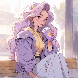 迪士尼公主风格，浅紫色衣服美女，在游乐场，喝奶茶