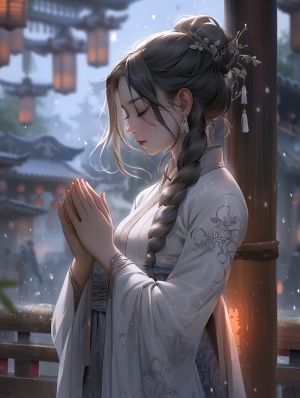 传统服装中国女孩户外祈祷插图