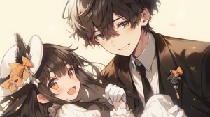 A little boy and a little girl,the boy holds the girls hand, and smiles and her,the girl has big brown eyes and black curly hair,the girl is cute and the boy is handsome,the girl wears a white long dress and has a black cap,the boy wears a black tie and a white suit,back drop is white.