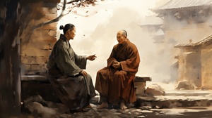 At a traditional Chinese brick-wall temple, a young monk talks with a nun. Ink painting style