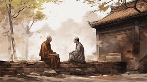 Conversation in Ink: Young Monk and Nun at Chinese Temple