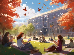 教学楼，绿色的草坪，坐下树下看书的学生，鲜花，阳光，飞舞的蝴蝶，飘扬的红旗，