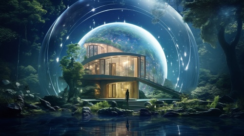 这是一幅电影的海报，有宇宙感，房子有spa一样的气息，到处都是水晶，水晶像是椭圆的结构，画面明亮，房子与自然融合在一起