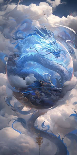 蓝色龙宝抱球在云端出现